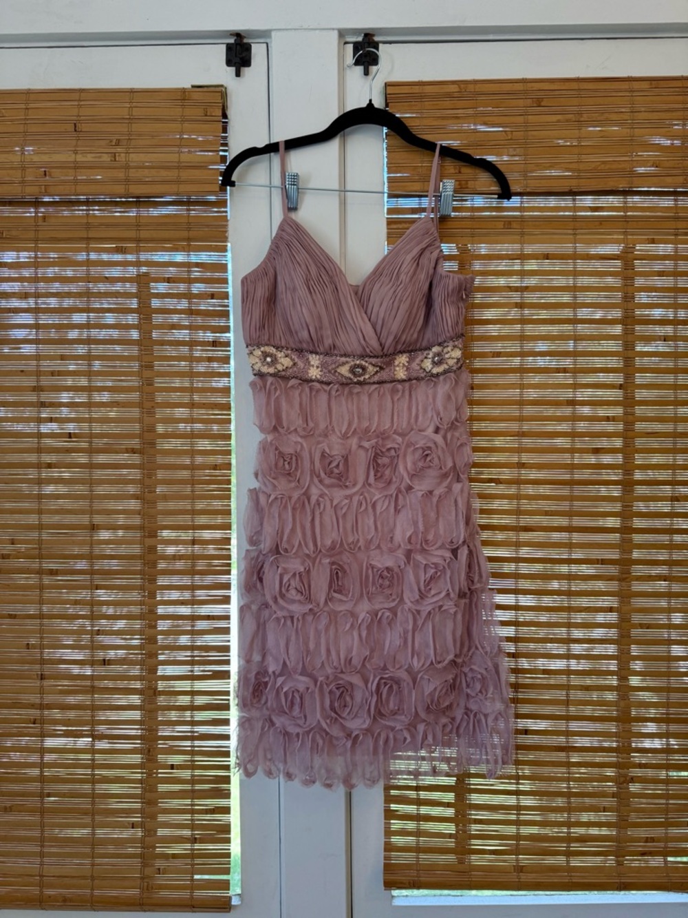Sue Wong Dusty Rose Rosette Spaghetti Strap Mini Dress